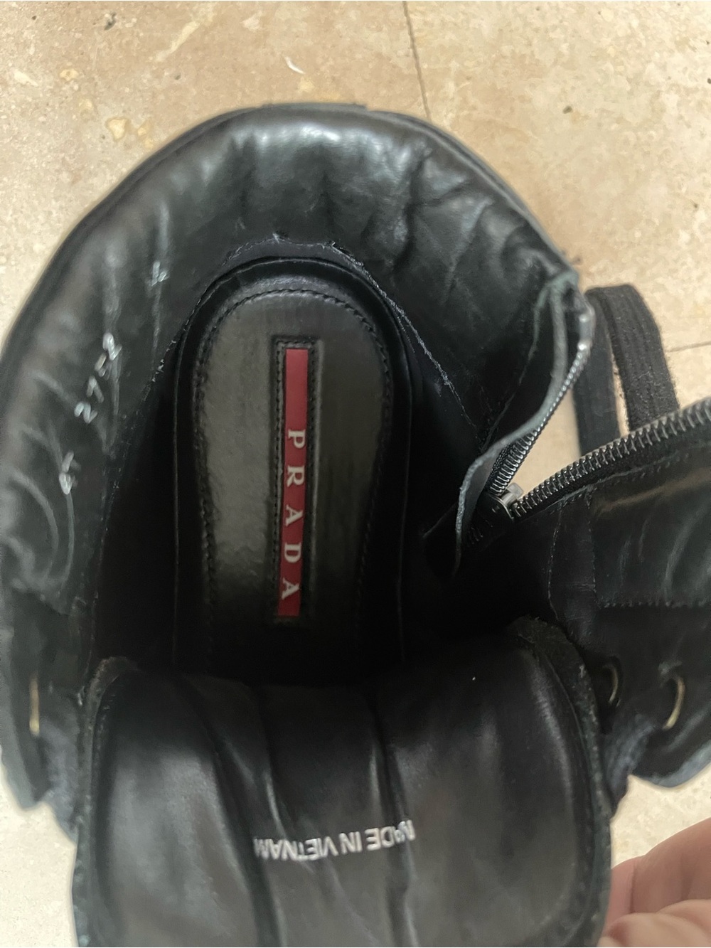 Prada Black Leather High Top Sneakers Red Logo Tab - Picture 8 of 10
